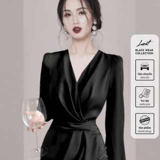 Đầm voan tay dài thiết kế cổ V vạt chéo cao cấp LUST Váy nữ công sở vạt chéo nhún sang chảnh M210