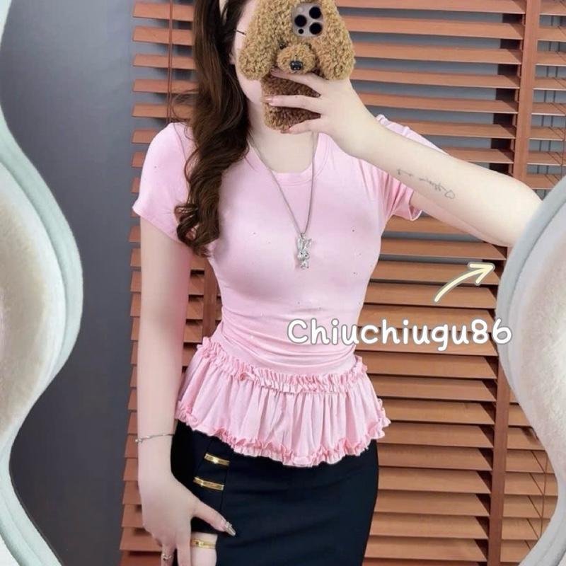 (SẴN- CÓ SIZE LỚN) ÁO BÈO KIM TUYẾN LẤP LÁNH- áo thun tay ngắn bèo tầng nữ xinh tặng kèm dây cột tóc
