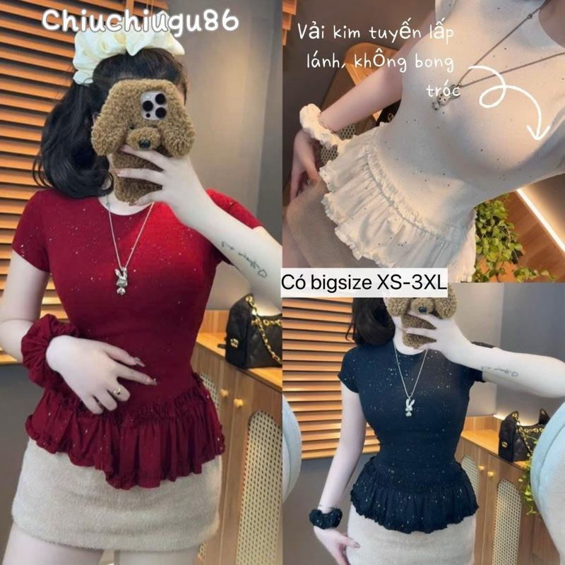 (SẴN- CÓ SIZE LỚN) ÁO BÈO KIM TUYẾN LẤP LÁNH- áo thun tay ngắn bèo tầng nữ xinh tặng kèm dây cột tóc