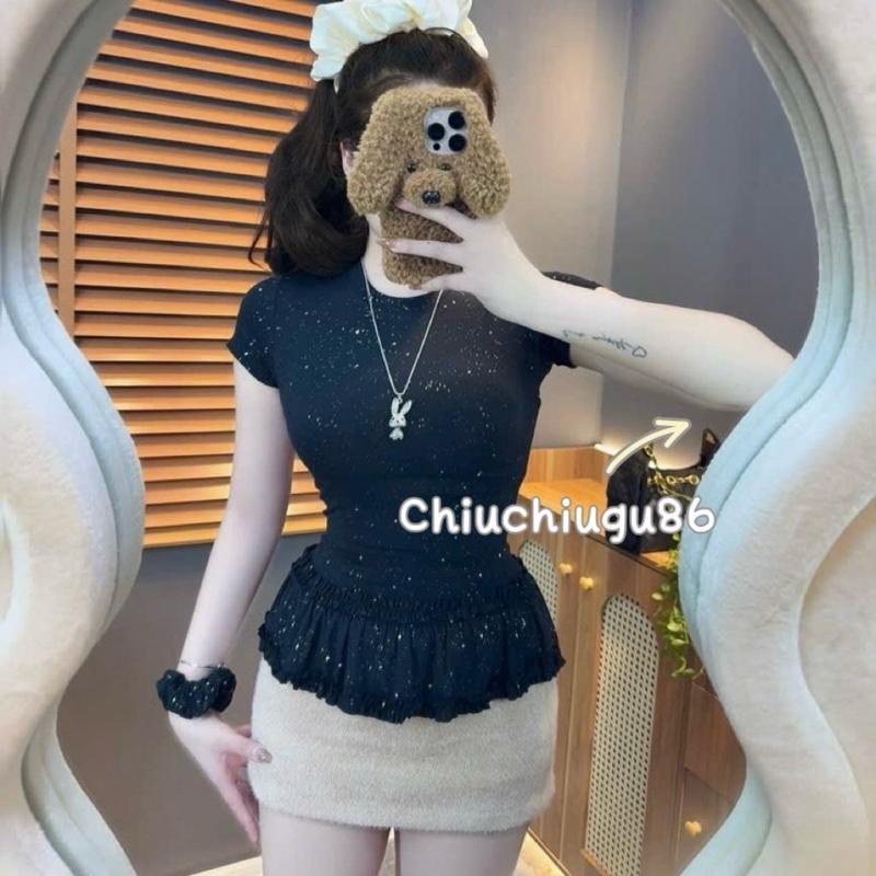 (SẴN- CÓ SIZE LỚN) ÁO BÈO KIM TUYẾN LẤP LÁNH- áo thun tay ngắn bèo tầng nữ xinh tặng kèm dây cột tóc