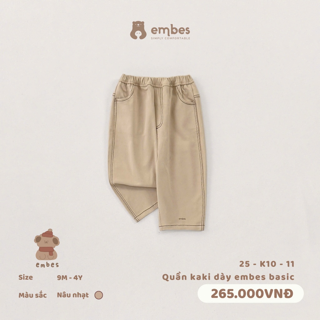 Quần Kaki Cho Bé Embes, Quần Kaki Basic Chất Kaki Dày Mặc Cho Bé Trai Bé Gái Size Từ 8-18Kg