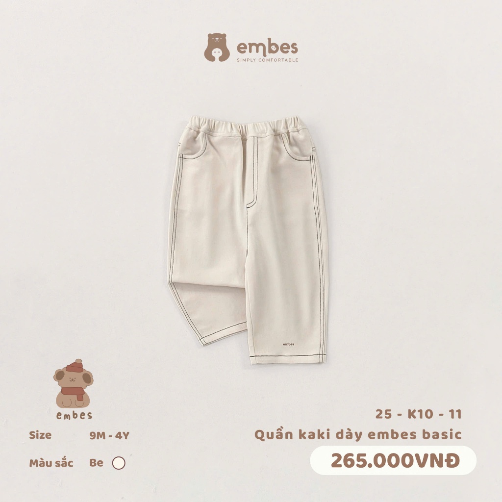 Quần Kaki Cho Bé Embes, Quần Kaki Basic Chất Kaki Dày Mặc Cho Bé Trai Bé Gái Size Từ 8-18Kg