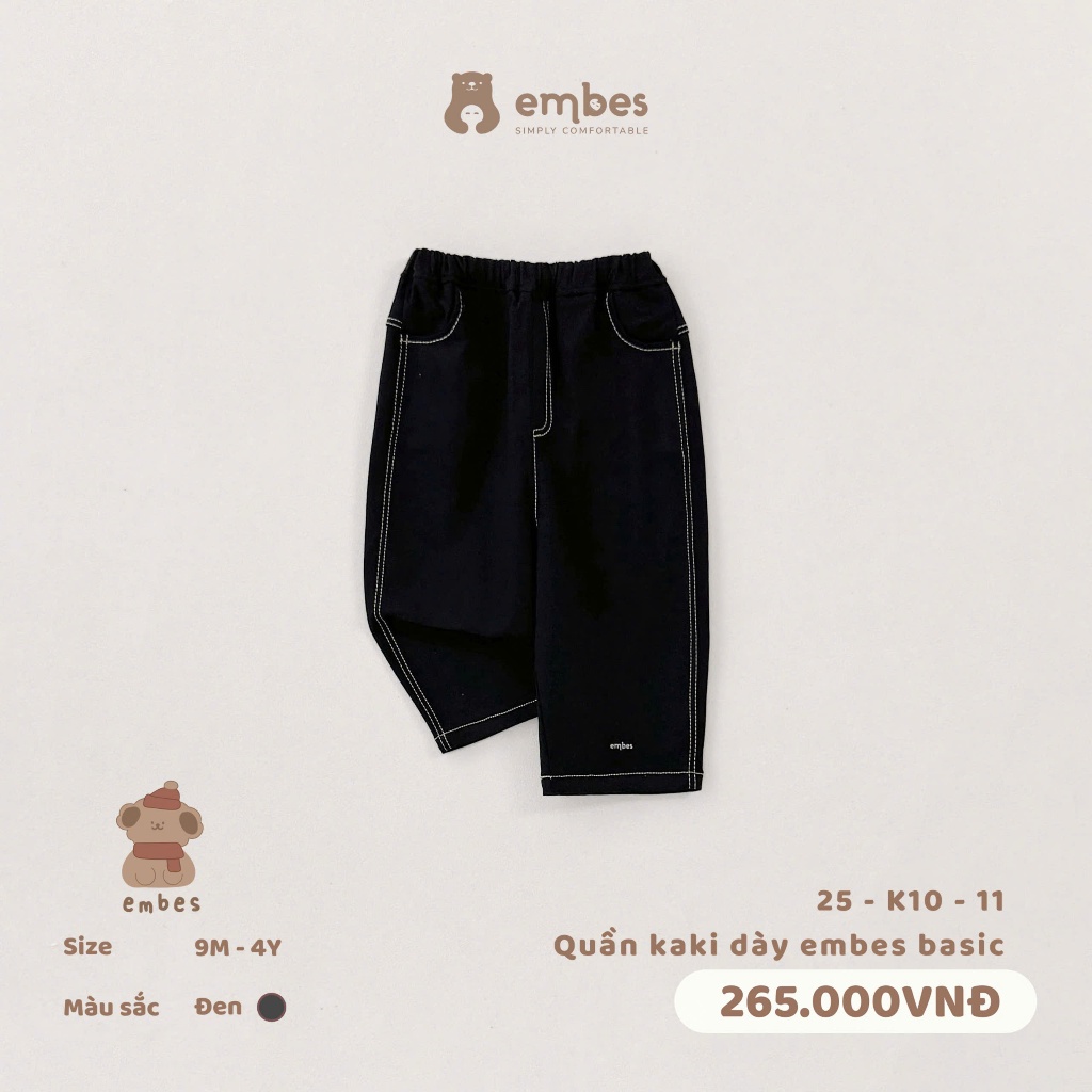 Quần Kaki Cho Bé Embes, Quần Kaki Basic Chất Kaki Dày Mặc Cho Bé Trai Bé Gái Size Từ 8-18Kg