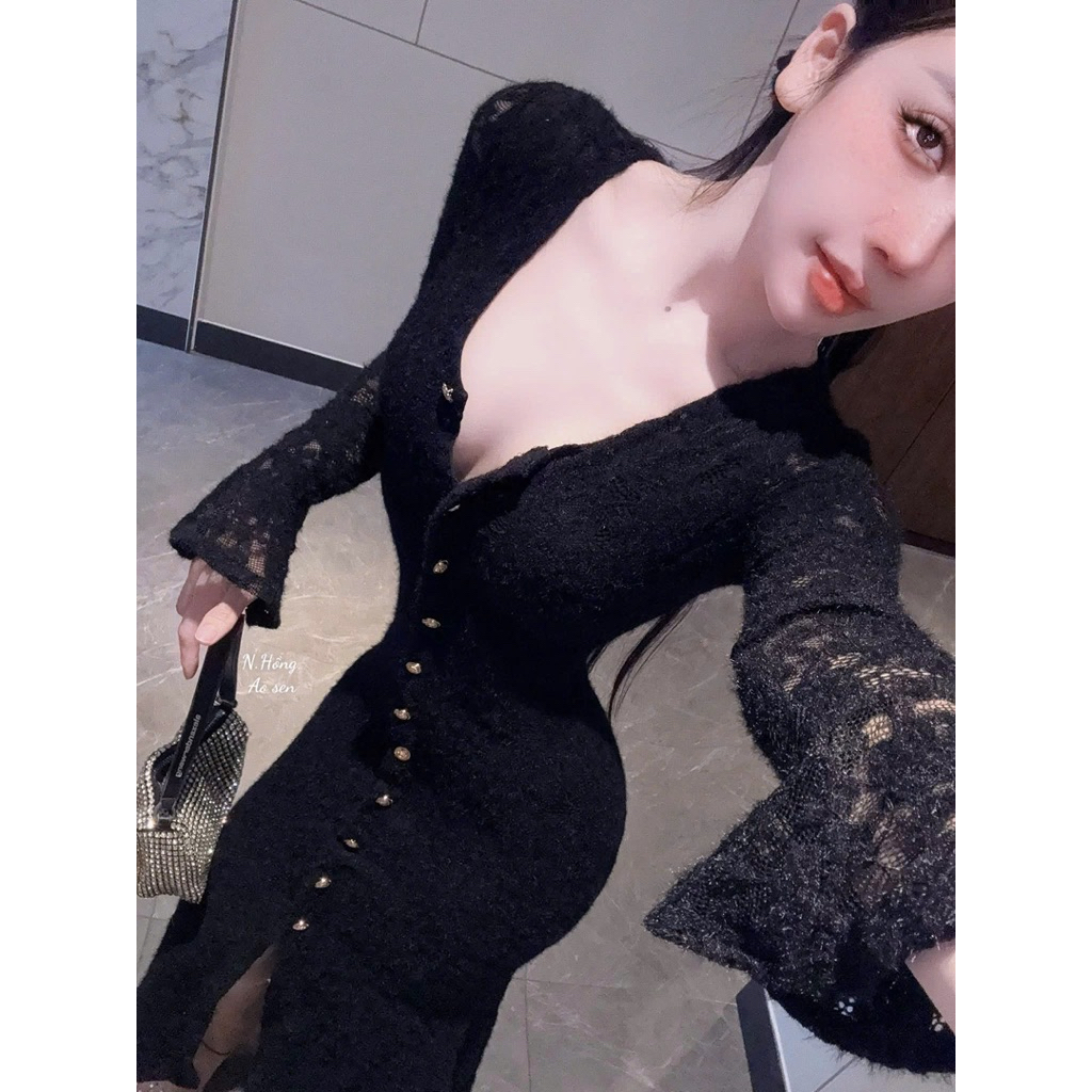 Váy body ren dài tay đính khuy xinh xỉu