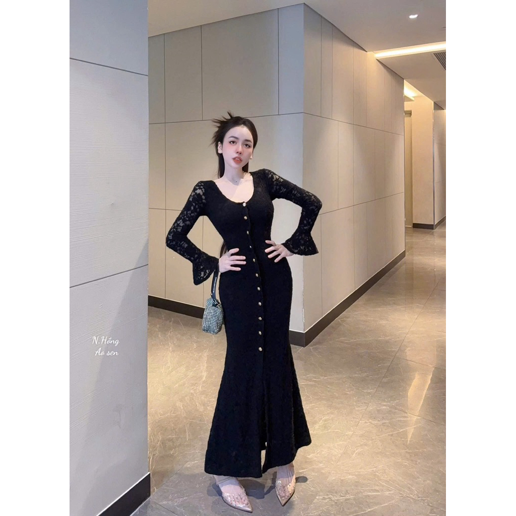 Váy body ren dài tay đính khuy xinh xỉu