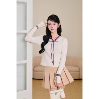 Áo len nữ dài tay cổ tim phối viền thắt nơ len mịn mềm mại cao cấp AL66 500G
