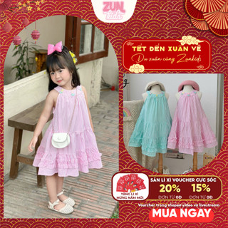 Đầm Bé Gái Cổ Yếm Đính Tulip AZD526 – Váy Thô Cotton Sọc Xinh Xắn Cao Cấp