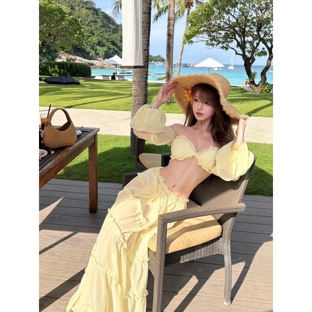 ( Loại 1 ) Set 3 Món Áo Tay Phồng + Quần Bikini + Chân Váy Dài Đi Biển Cao Cấp - 614