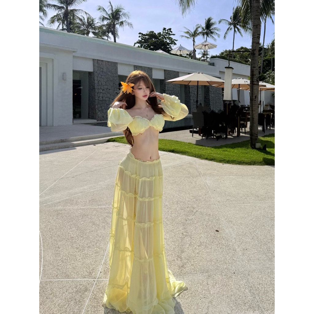 ( Loại 1 ) Set 3 Món Áo Tay Phồng + Quần Bikini + Chân Váy Dài Đi Biển Cao Cấp - 614