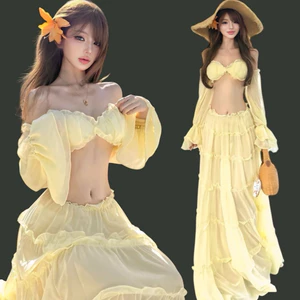 Set 3 Món Áo Tay Phồng + Quần Bikini + Chân Váy Dài Đi Biển Cao Cấp - 614