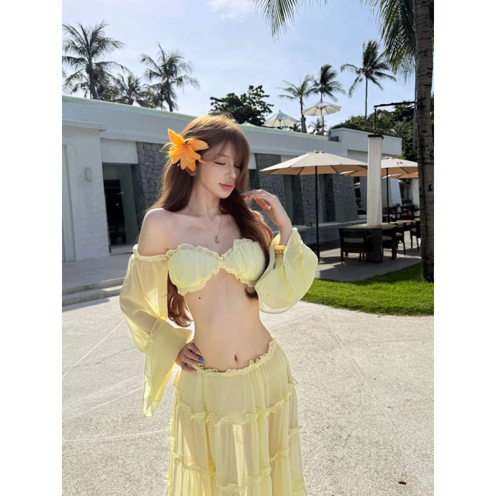 ( Loại 1 ) Set 3 Món Áo Tay Phồng + Quần Bikini + Chân Váy Dài Đi Biển Cao Cấp - 614