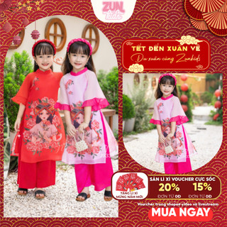 Bộ áo dài tơ Cao Cấp + Quần Lụa Mềm Bé Gái In Hình Cô Gái J9333  Phù Hợp 2-10 Tuổi