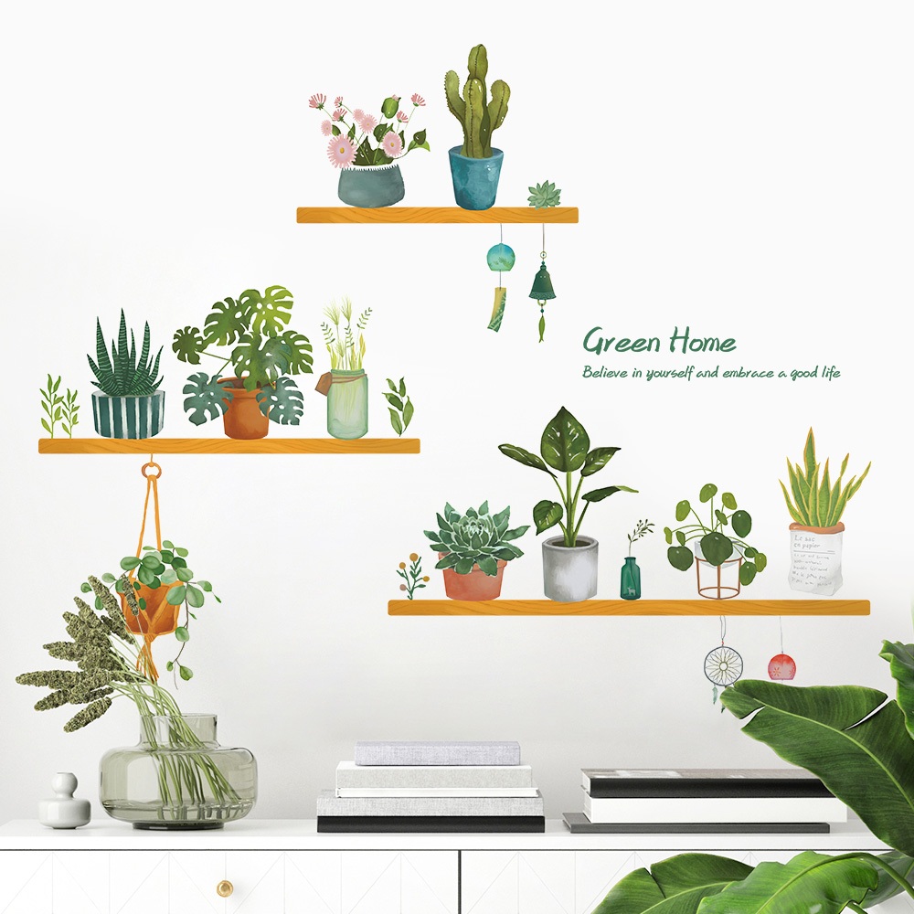 Decal Dán Tường Kệ Cây Xanh Xương Rồng Có Keo Sẵn 148x110cm - Trang Trí Không Gian Bếp Tươi Mát