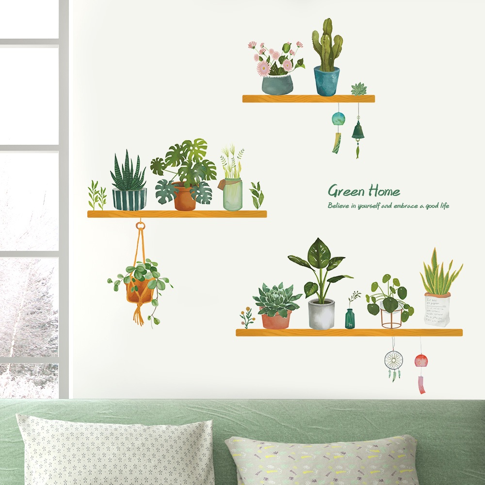 Decal Dán Tường Kệ Cây Xanh Xương Rồng Có Keo Sẵn 148x110cm - Trang Trí Không Gian Bếp Tươi Mát