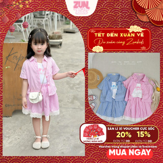Set 3 Món Bé gái Kẻ Sọc Cotton LOVE YOURSHELF AZB538 – Áo Thun Trắng + Áo Sơmi + Chân Váy Ren Xinh