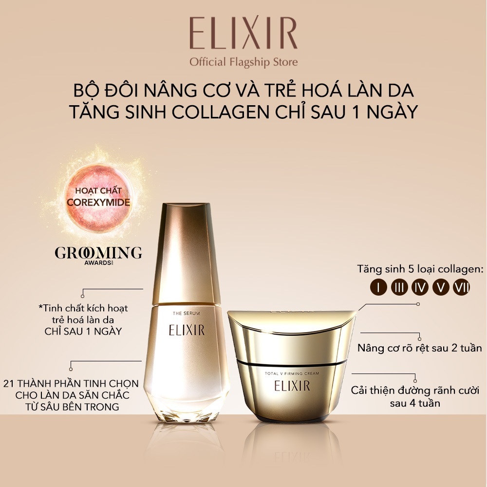 (KOL Live) Bộ Serum trẻ hóa làn da Elixir THE SERUM 50ml + Kem dưỡng cải thiện chảy xệ TOTAL V FIRMING CREAM 50g