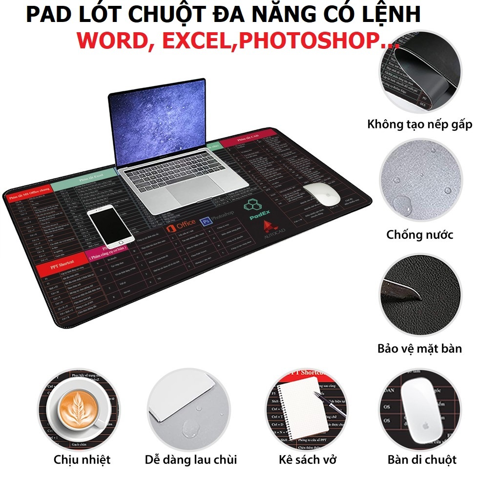 Lót chuột máy tính in phím tắt Excel, MS-Office, Photoshop, Word, Pad Mouse , Các Phím Tắt Chuột đa năng