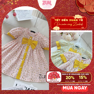 Váy Bé Gái Thô Hoa Tay Phồng – Thiết Kế Viền Màu & Nơ To  Siêu Xinh