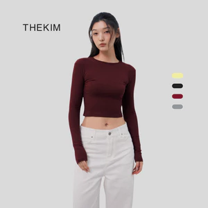 THEKIM Áo croptop dài tay cổ tròn , áo thun tăm cotton tay dài trơn basic cho nữ ôm sát body AD119 croptop