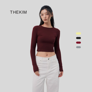 THEKIM Áo croptop dài tay cổ tròn , áo thun tăm cotton tay dài trơn basic cho nữ ôm sát body AD119 croptop