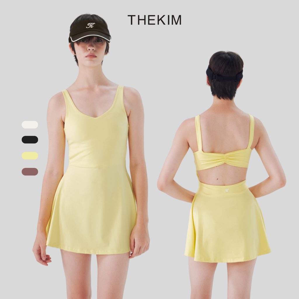 THEKIM Set váy Pickleball hai dây cổ tim hở lưng ( có mút ngực tháo rời và quần bảo hộ ) , váy liền thể thao 2 dây CS326