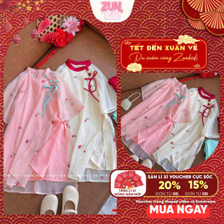 Áo Dài Bé Gái 4 Tà Thêu Hoa Tulip – Chất Tơ Bọt Biển Lót Lụa Mềm, Quần Lụa Latin Cao Cấp