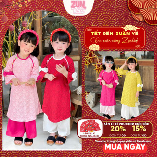 Áo Dài Gấm + quần dài (ko kèm cài) Cho Bé Gái J7787 – Đính Cúc Hoa Vai, Chất Gấm In Hoa Cao Cấp, Quần Lụa Mềm
