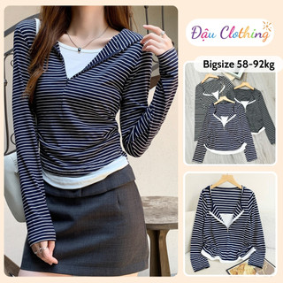 Áo Thun Kiểu Bigsize Nữ Dáng Áo Ôm Body Tay Dài Kẻ Sọc Tôn Dáng Cổ V Khóa Kéo Basic A340