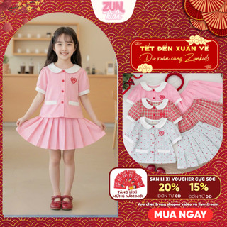 Set Áo Thêu Trước Ngực Và Chân Váy Xếp Li Cho Bé Gái AZB607 - Chất Cotton Mềm Nhẹ, Thoải Mái