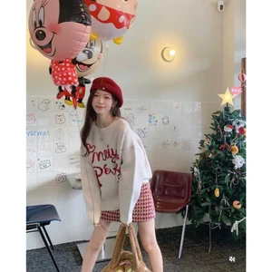 Set đồ nữ Áo sweater nỉ chữ đỏ Perry Chân váy dạ ngắn kẻ đỏ mặc đi chơi Giáng Sinh Noel dài tay form rộng T806G