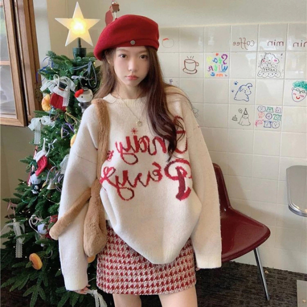 Set đồ nữ Áo sweater nỉ chữ đỏ Perry Chân váy dạ ngắn kẻ đỏ mặc đi chơi Giáng Sinh Noel dài tay form rộng T806G