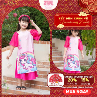 Set bộ áo dài ( Áo + quần dài ,ko kèm cài tóc)  Bé Gái Cổ Yếm Tay Phồng J7440 – Họa Tiết Unicorn Cầu Vồng, Đũi Lụa