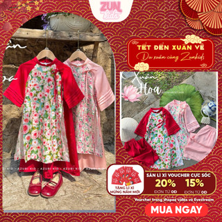 Set áo dài và quần Xuân hoa AZB604 cho bé gái diện Tết, Lễ -ZUN Kids