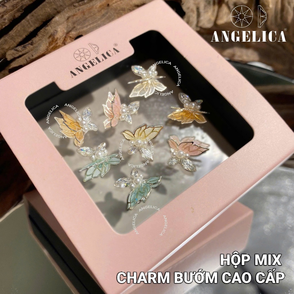 Hộp Đá Charm Trái Tim , Bướm Mix Cao Cấp Siêu Sáng Angelica - Trang Trí Nail