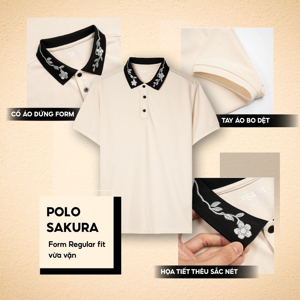 [CỔ ÁO THÊU HOA ANH ĐÀO] Polo SAKURA kem thanh lịch, sang trọng, phối cúc áo tạo điểm nhấn tinh tế, tôn body - FEAER