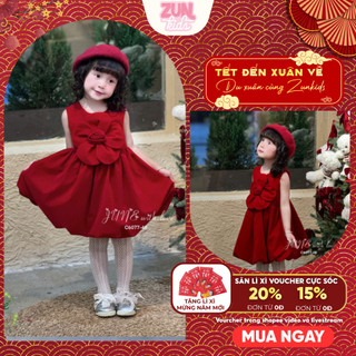 Váy Nhung Đỏ Công Chúa Bé Gái C6077 – Thiết Kế Tùng Bí Phồng, Hoa Handmade Xinh Xắn