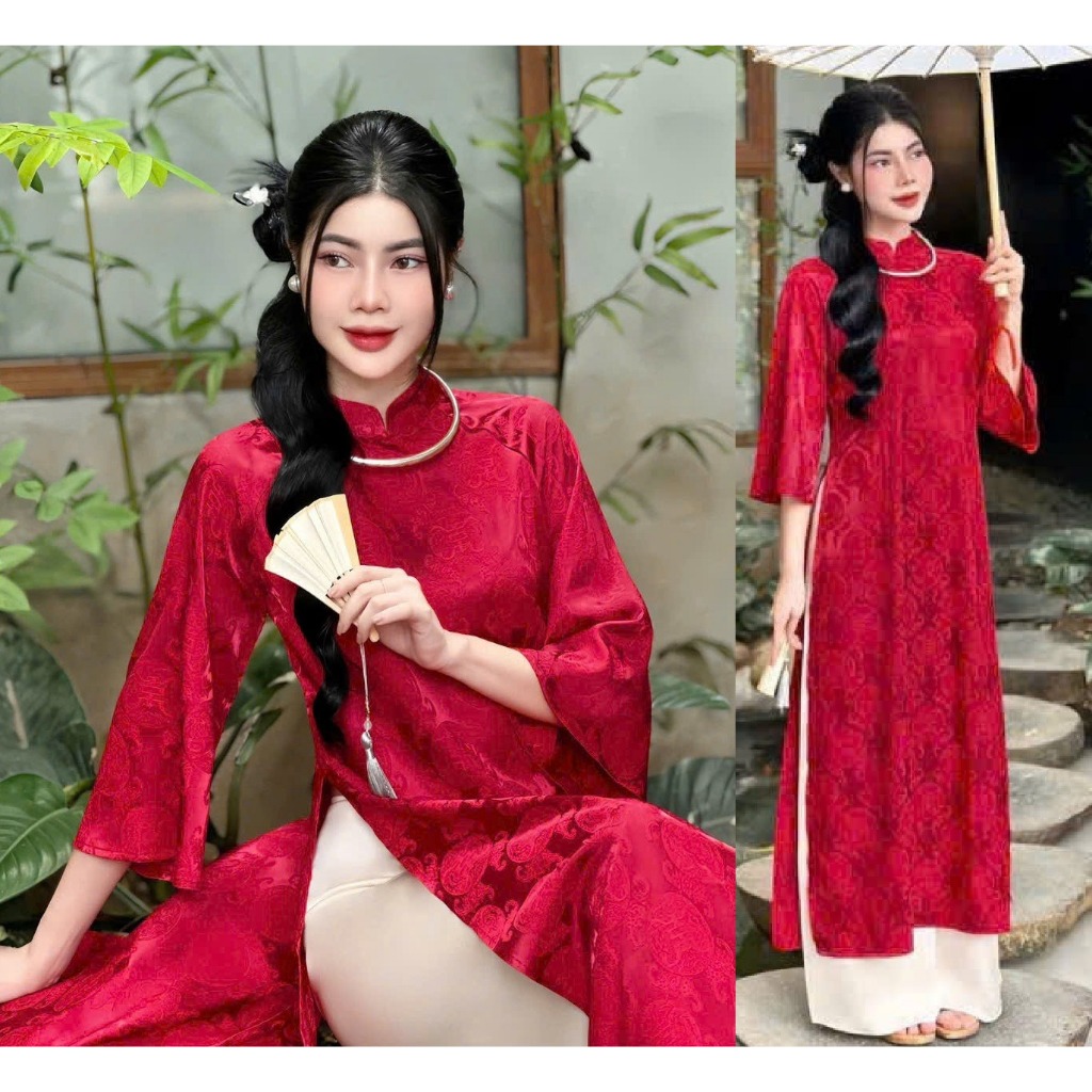 Set Áo dài cách tân dáng suông gấm thọ tay lỡ cổ cao basic nhiều màu+Quần ống rộng lụa mỹ mặc Lễ Tết truyền thống T1455G