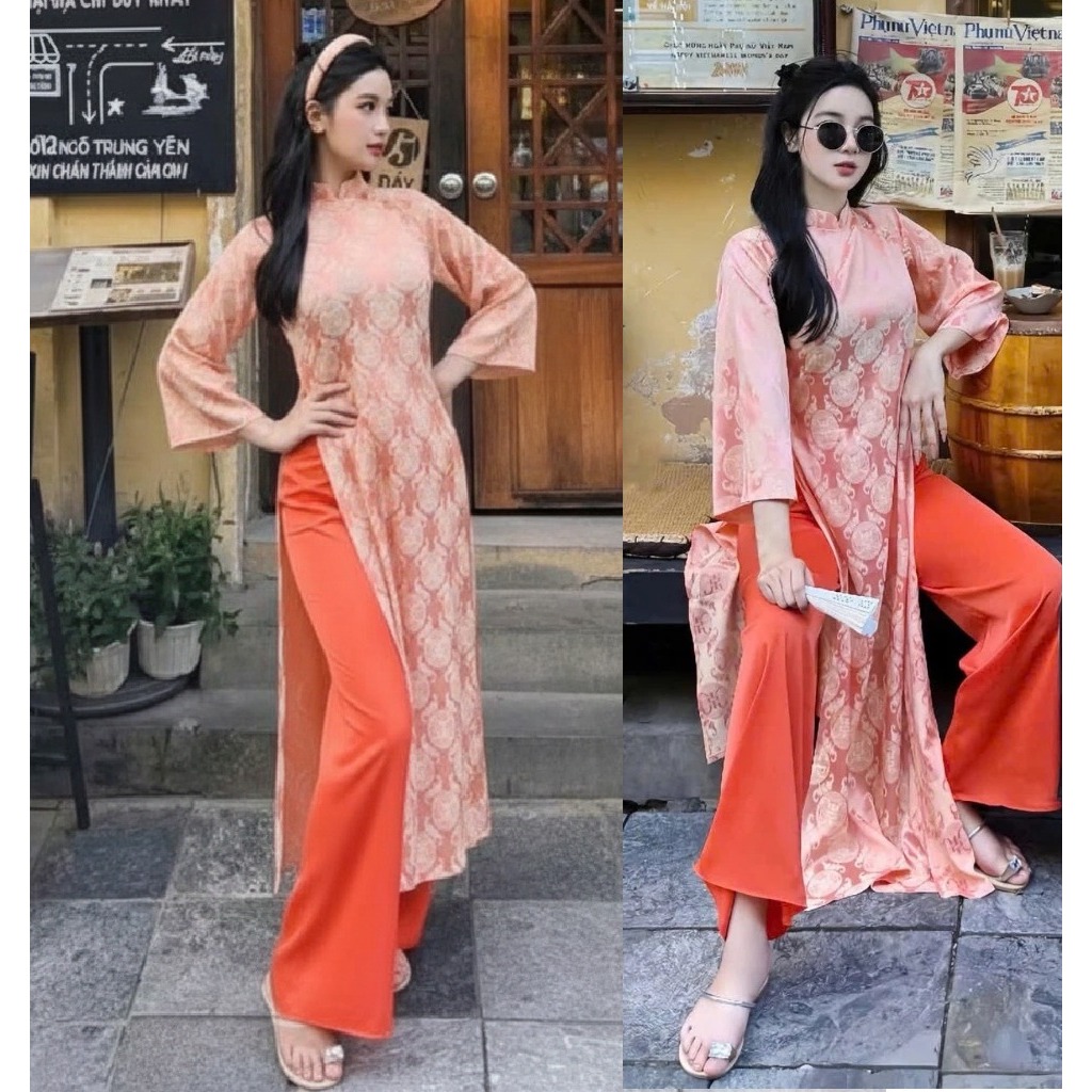 Set Áo dài cách tân dáng suông gấm thọ tay lỡ cổ cao basic nhiều màu+Quần ống rộng lụa mỹ mặc Lễ Tết truyền thống T1455G