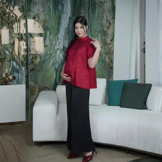 Áo Gấm Cổ Tròn Tay Ngắn Thêu Hoa Đính Ngọc Form Rộng Thoải Mái Cho Mẹ Bầu Và Không Bầu Belles Mam AG26