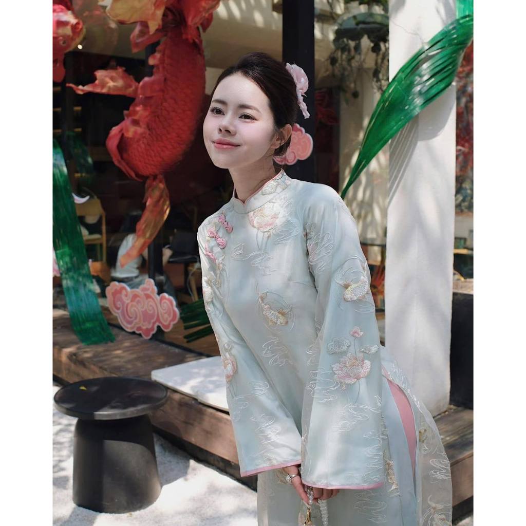 Áo Dài Cách Tân Tết Dáng Suông 4 Tà Chất Tơ Óng Thêu Hoa Nổi Sang Trọng, Set Áo Dài Nữ Tay Loe Màu Pastel Đi Chùa T1454G