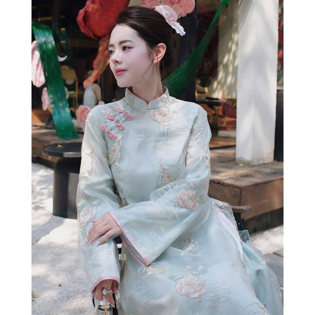 Áo Dài Cách Tân Tết Dáng Suông 4 Tà Chất Tơ Óng Thêu Hoa Nổi Sang Trọng, Set Áo Dài Nữ Tay Loe Màu Pastel Đi Chùa T1454G