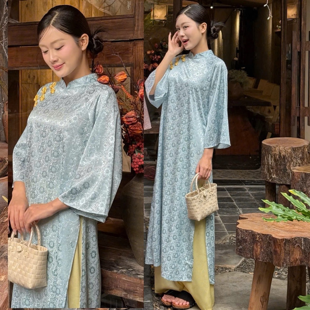 Bộ đồ cách tân Áo dài suông cao cổ tay lỡ gấm thọ cúc vải truyền thống mặc Tết lễ  cổ truyền xanh hồng trẻ trung T1445G