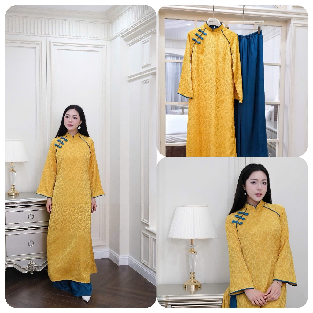 Set áo dài suông dài tay cách tân cổ cao đính khuy vải xanh phối đỏ chất lụa gấm quần ống rộng mặc tết lễ xinh T1446G