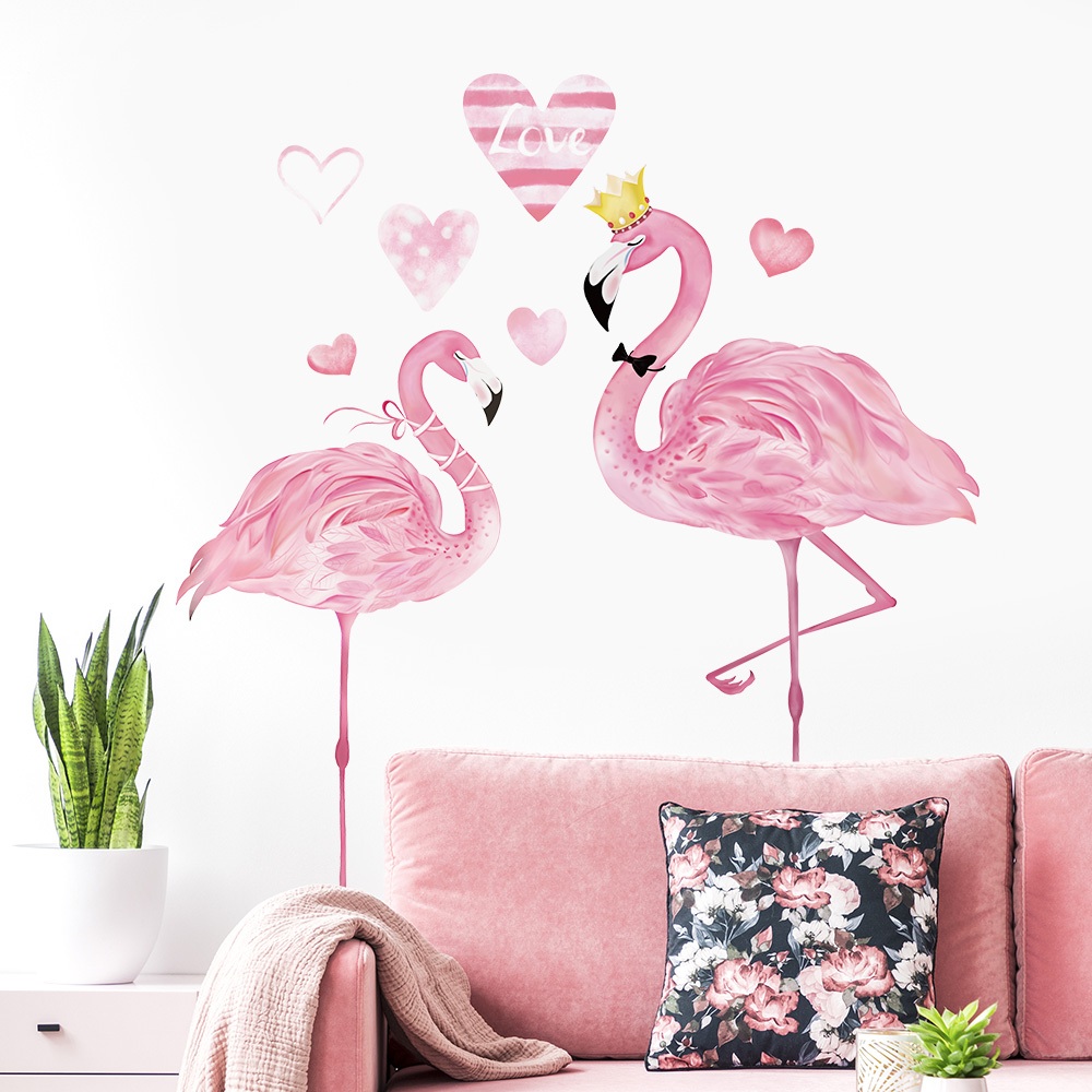 Decal Dán Tường Hồng Hạc Đôi Màu Hồng Pastel Có Keo Sẵn 109x118cm - Trang Trí Phòng Khách Phòng Ngủ