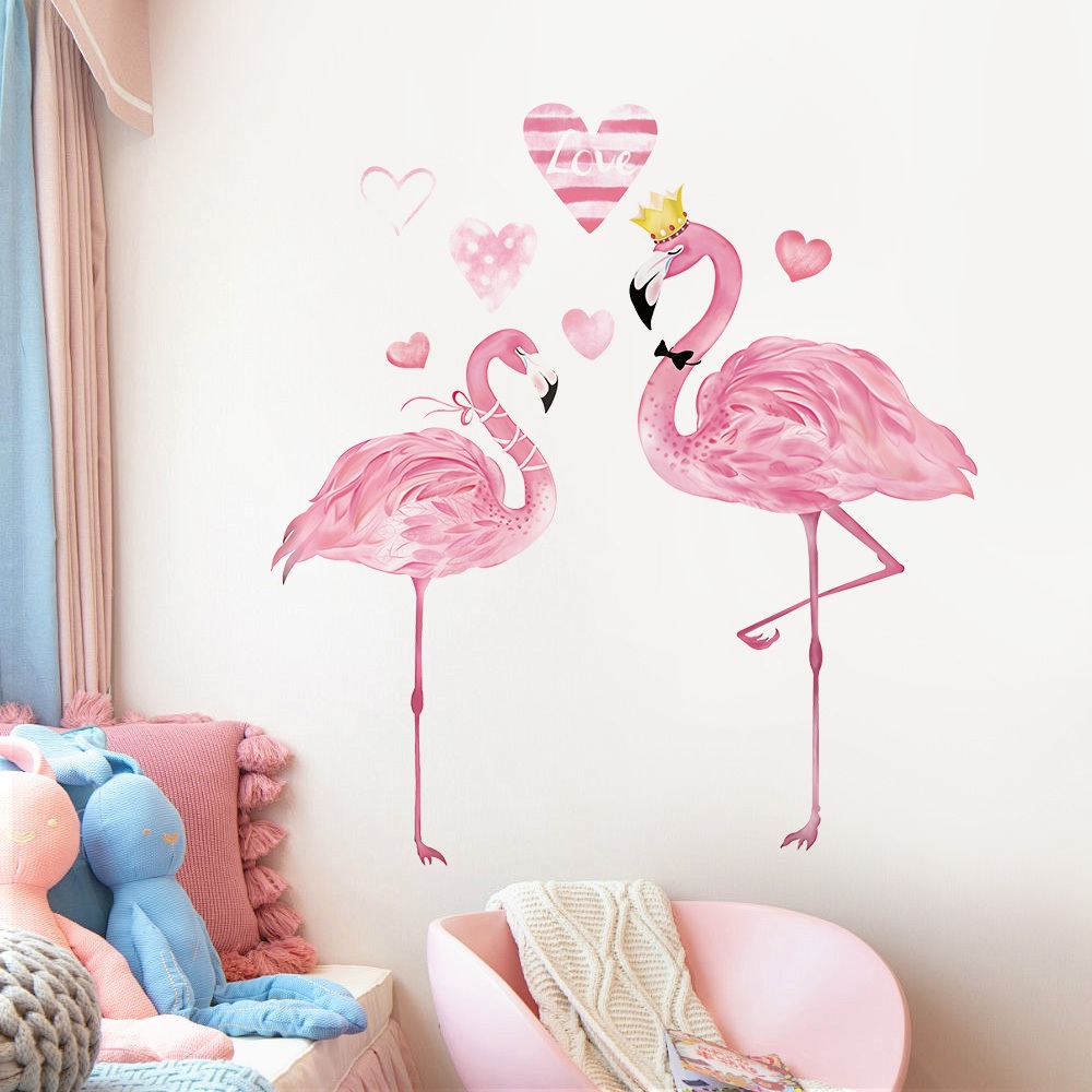 Decal Dán Tường Hồng Hạc Đôi Màu Hồng Pastel Có Keo Sẵn 109x118cm - Trang Trí Phòng Khách Phòng Ngủ