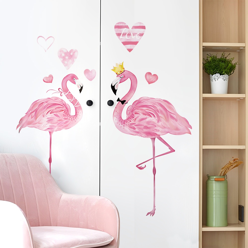 Decal Dán Tường Hồng Hạc Đôi Màu Hồng Pastel Có Keo Sẵn 109x118cm - Trang Trí Phòng Khách Phòng Ngủ