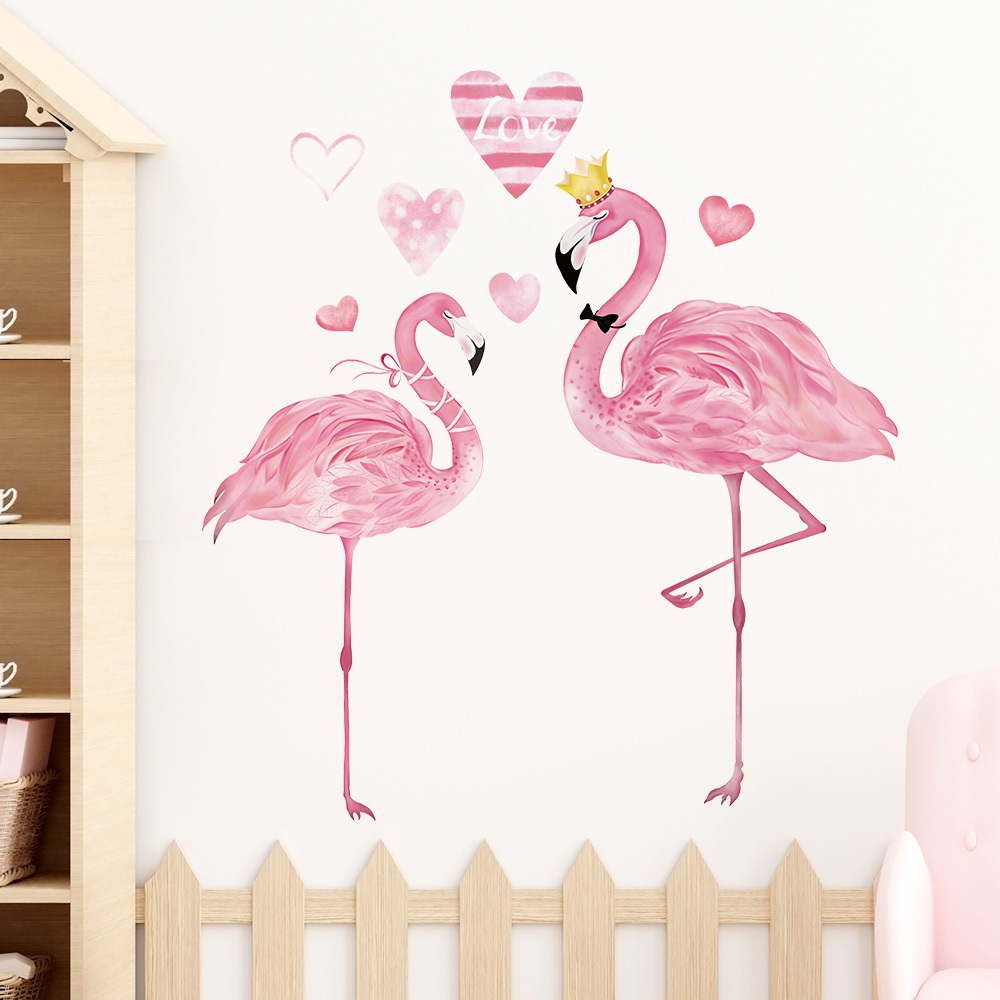Decal Dán Tường Hồng Hạc Đôi Màu Hồng Pastel Có Keo Sẵn 109x118cm - Trang Trí Phòng Khách Phòng Ngủ