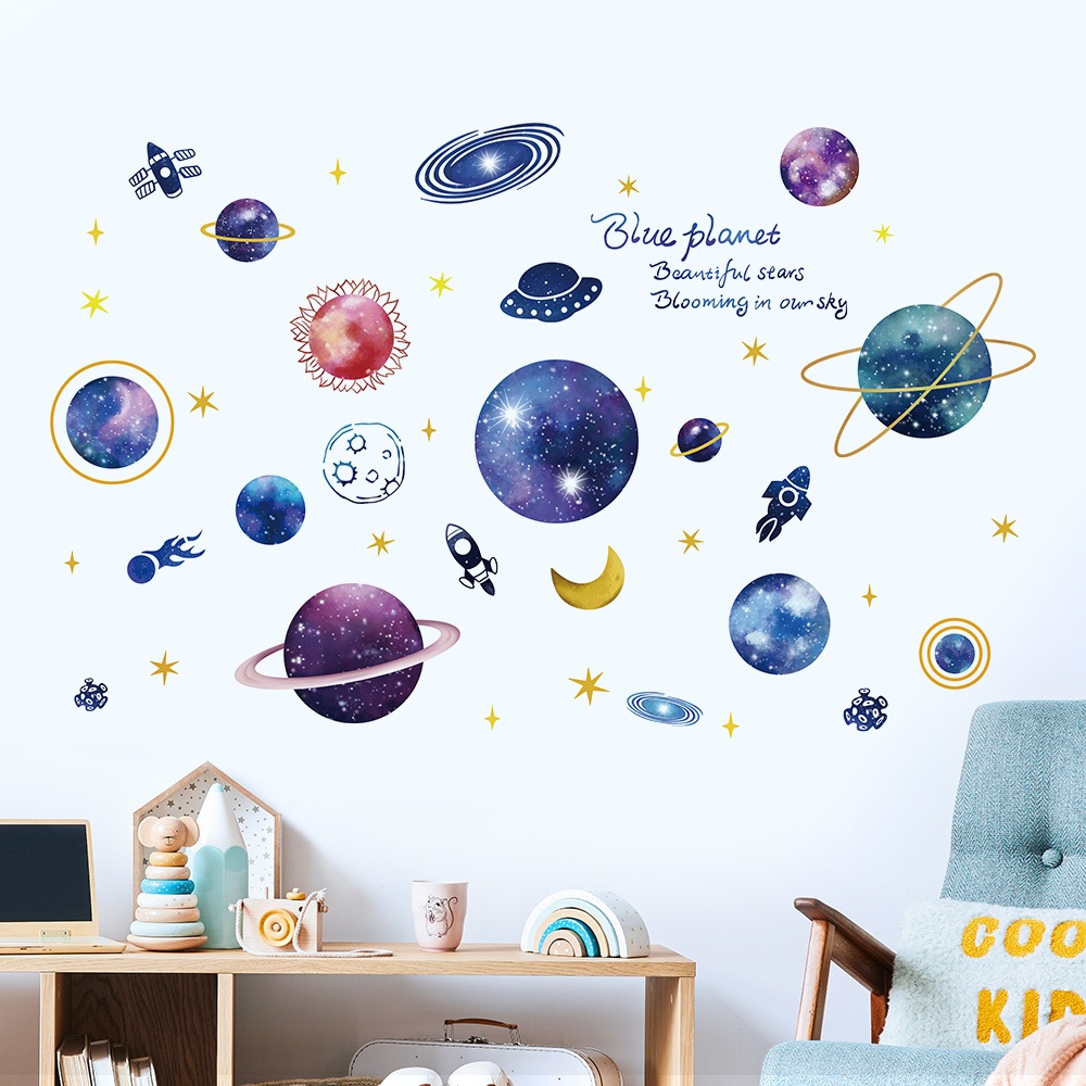 Decal Dán Tường Vũ Trụ Và Các Hành Tinh - Phi Hành Gia – Có Keo Sẵn 138x86cm Trang Trí Phòng Cho Bé