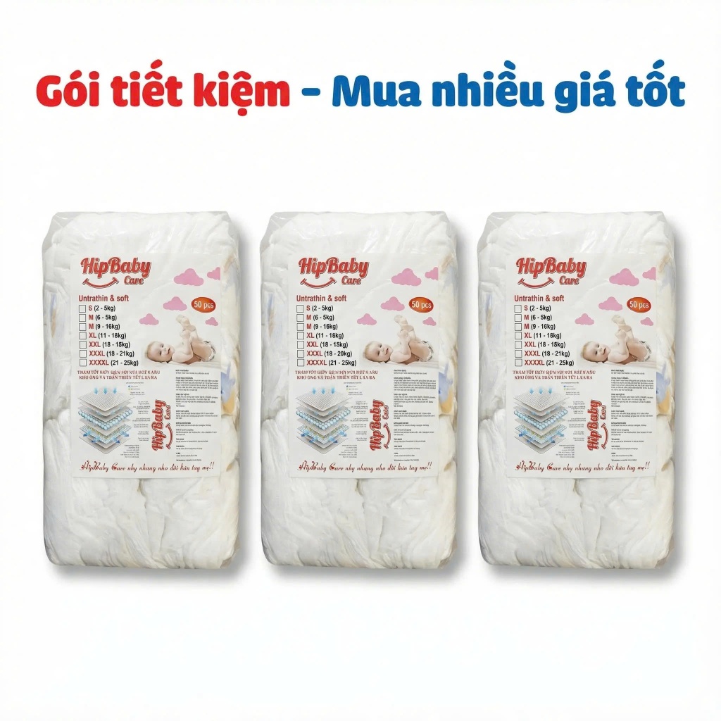 [150 miếng] HipBaby Care Tã bỉm quần cho bé Size M/L/XL2XL/3XL - Siêu thấm hút khô thoáng