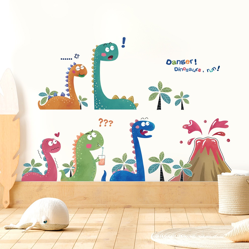 Decal Dán Tường Đàn Khủng Long Và Núi Lửa Ngộ Nghĩnh Có Keo Sẵn 199x44cm - Trang Trí Phòng Ngủ Bé